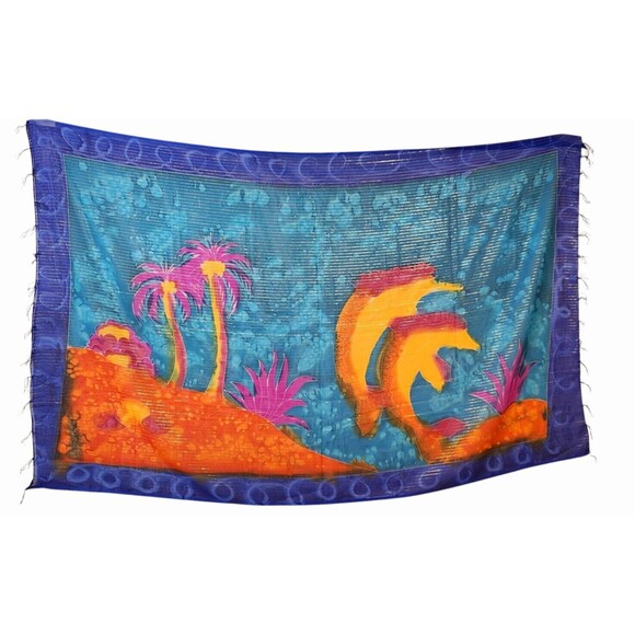 Vintage YMLA Shawl Beach Wrap Tropical Island Dolphins Scarf Tapestry 68" x 43" - Picture 10 of 12